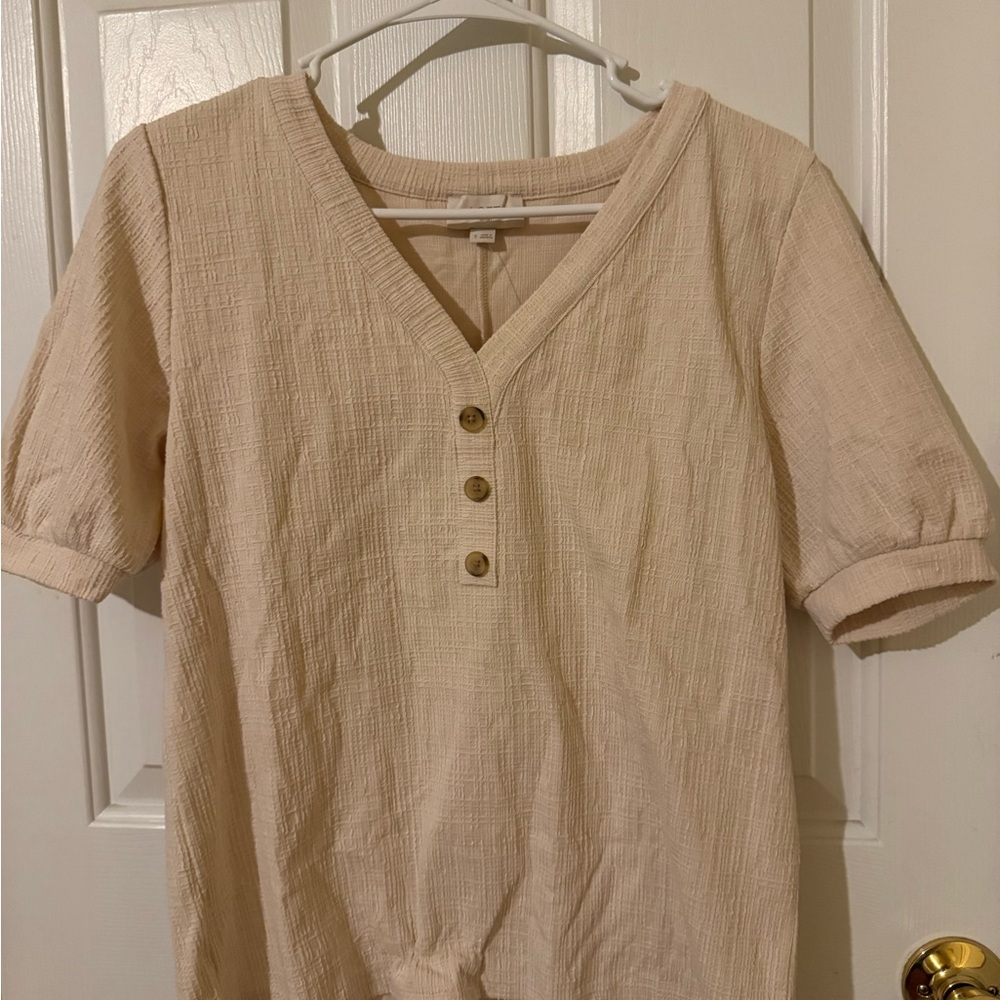 LOFT Beige Textured V-Neck Blouse